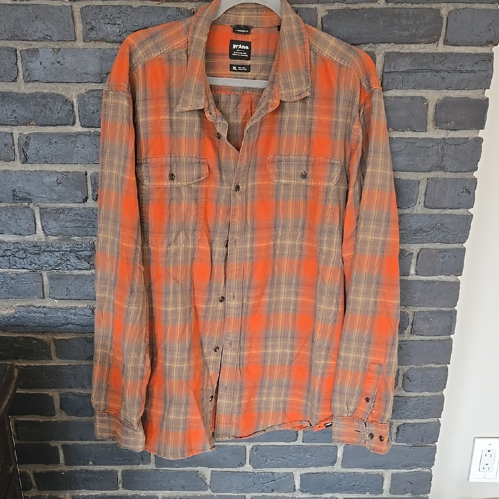 PrAna Orange and Brown Plaid Shirt
